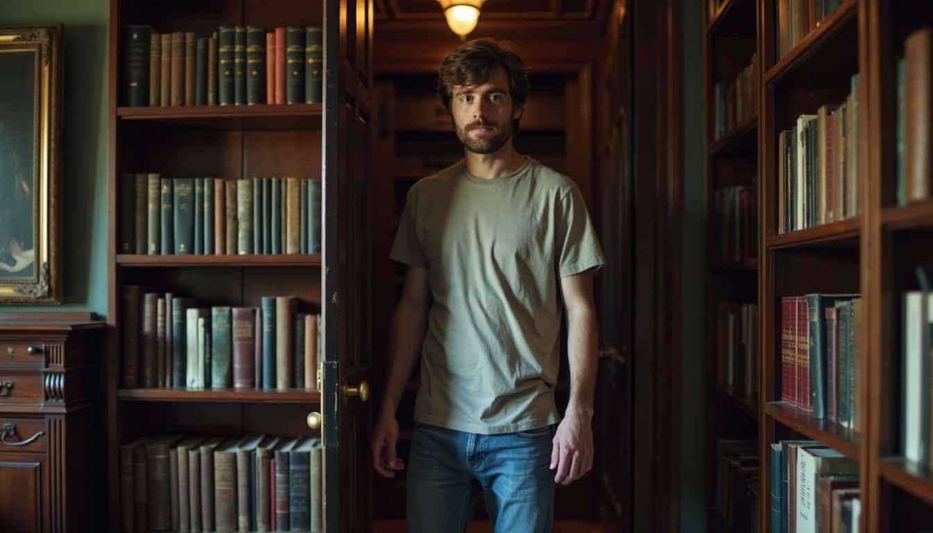 A man entering a hidden room through a bookshelf in a study.