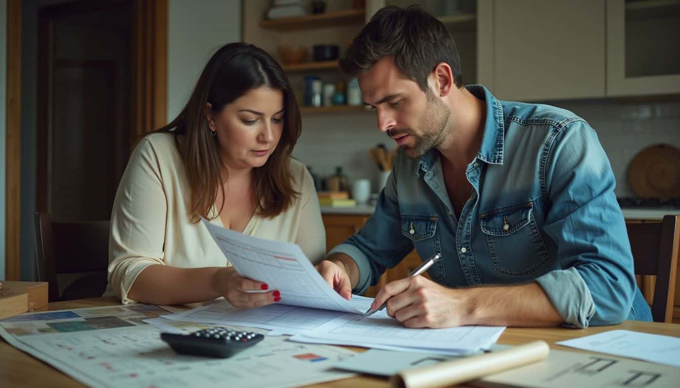 A couple in their mid-30s discussing a budget spreadsheet for a secret room project.