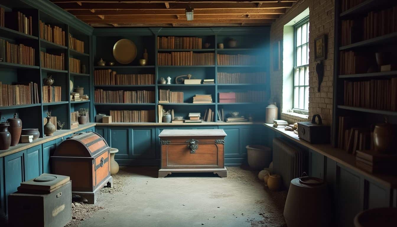 A dim basement room with old books, artifacts, and a wooden chest.