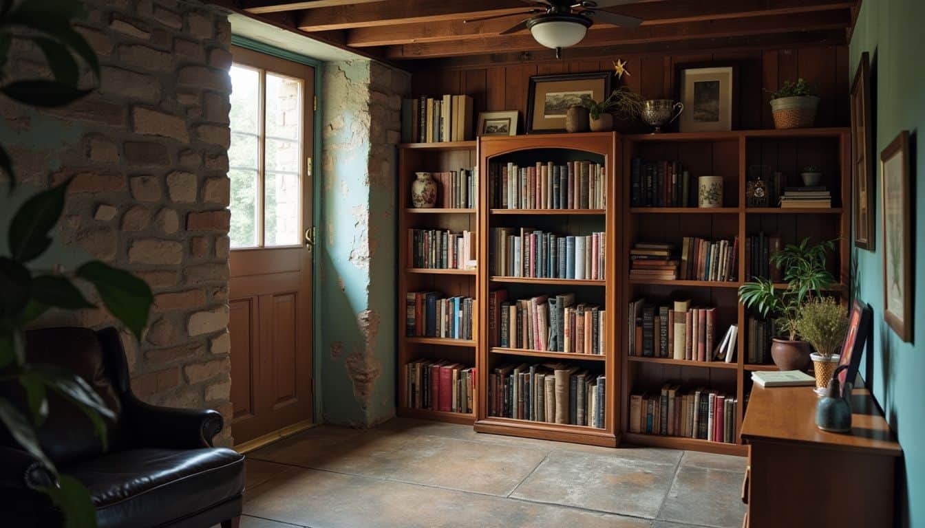 A hidden room in a basement with a secret bookcase door.