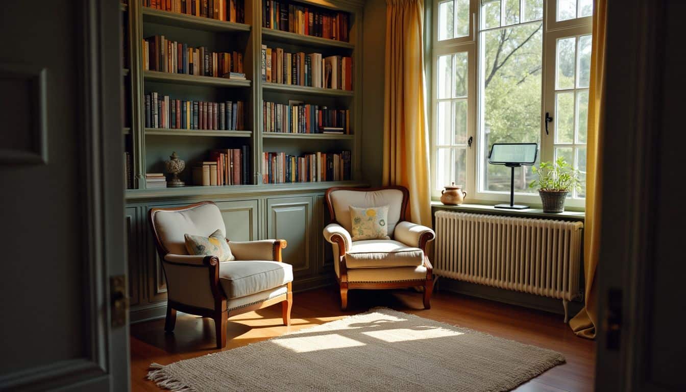 A cozy reading nook with book-filled shelves in a quiet home corner.