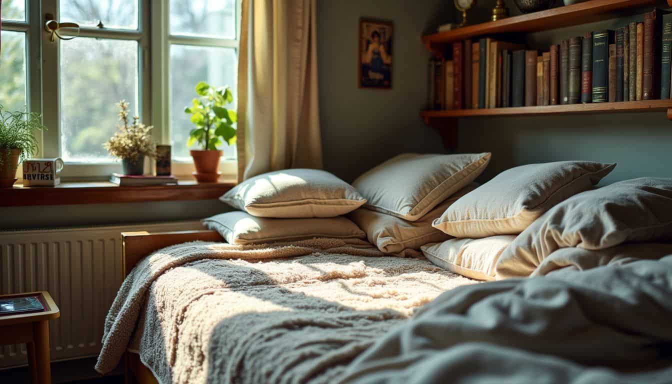 A cozy bedroom corner with soft blankets and a small bookshelf.