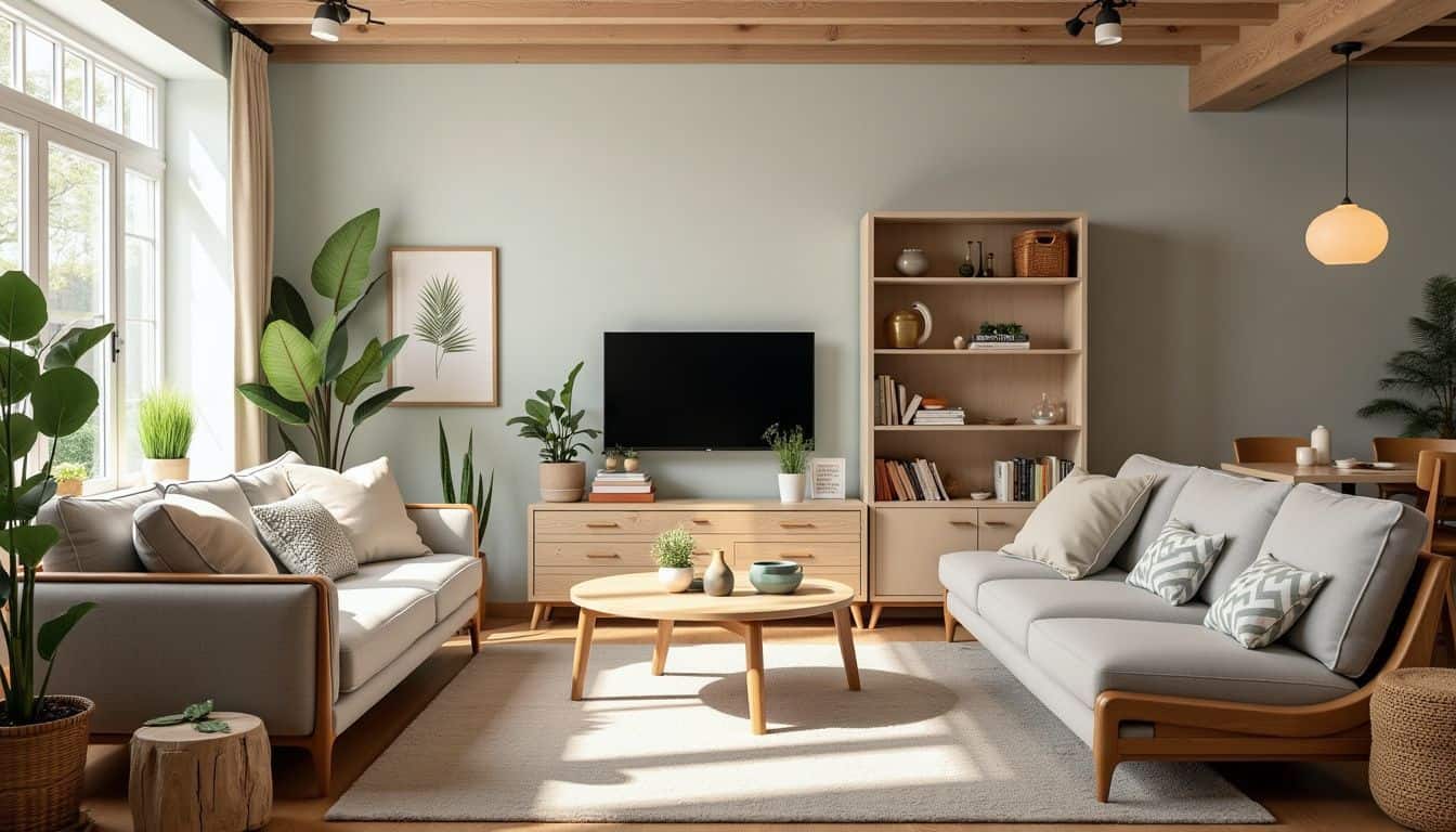 A versatile, multifunctional living room with flexible furniture and storage solutions.