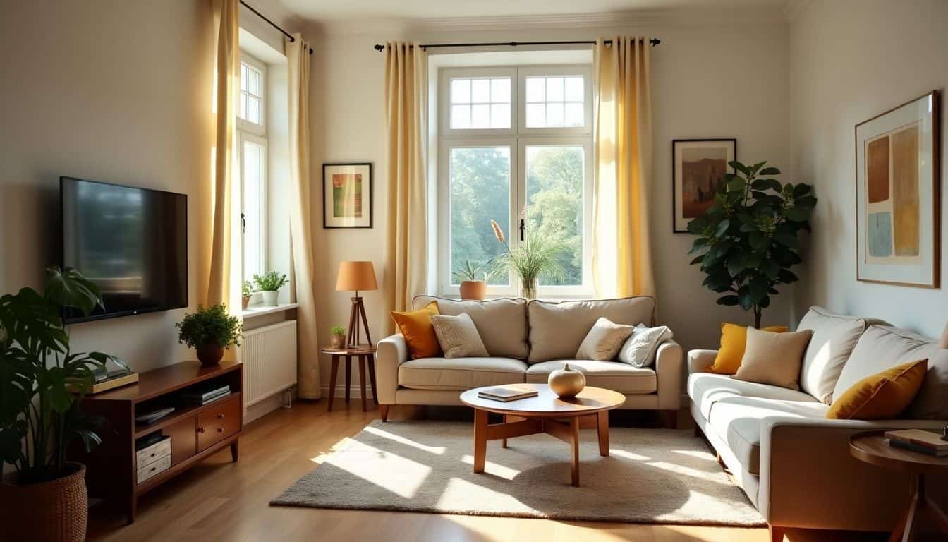 A well-organized, inviting living room with comfortable furniture arrangement.