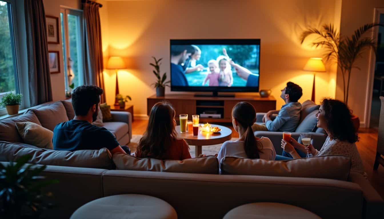 A family enjoying movie night in a cozy living room.