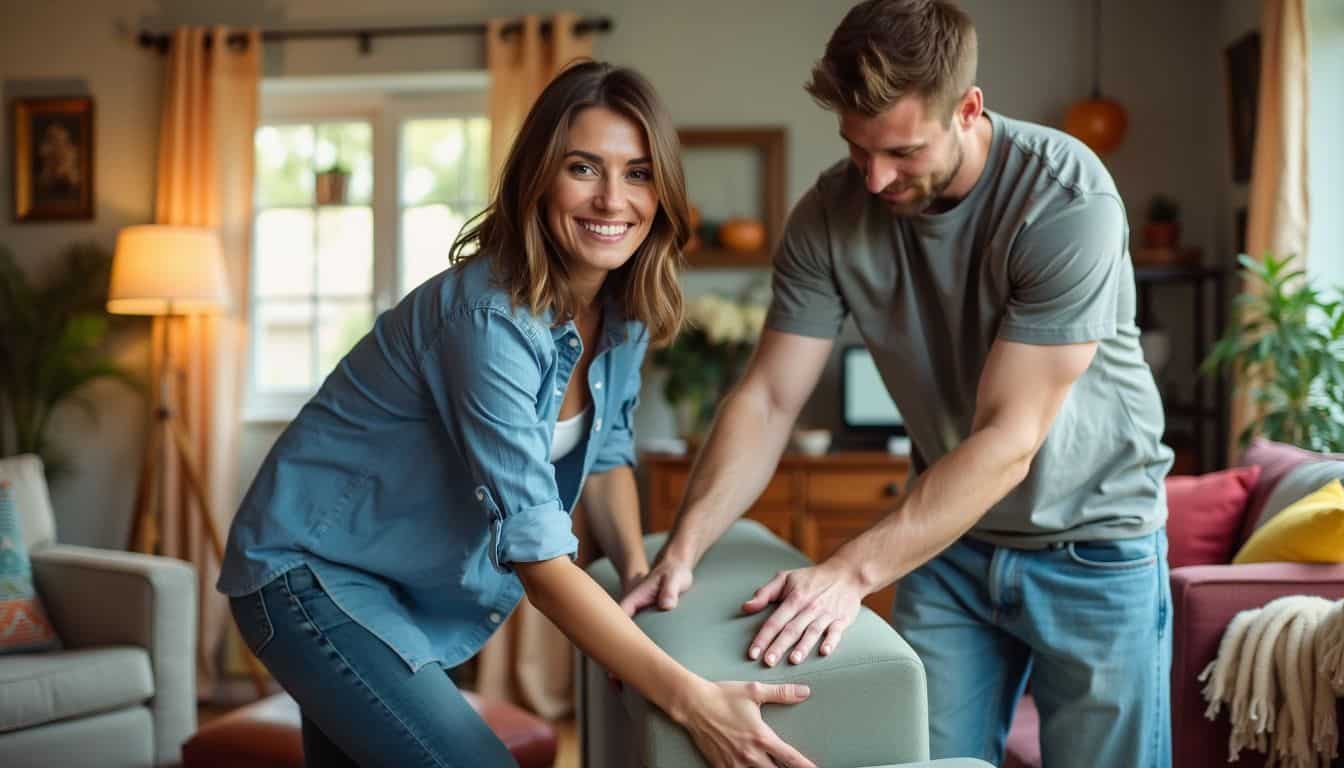 A couple in their thirties arranging furniture in a cozy living room.