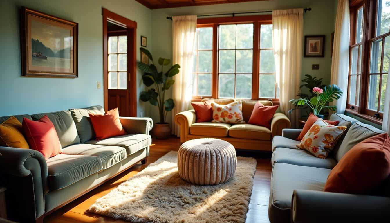 A cozy living room with mismatched couches and colorful pillows.