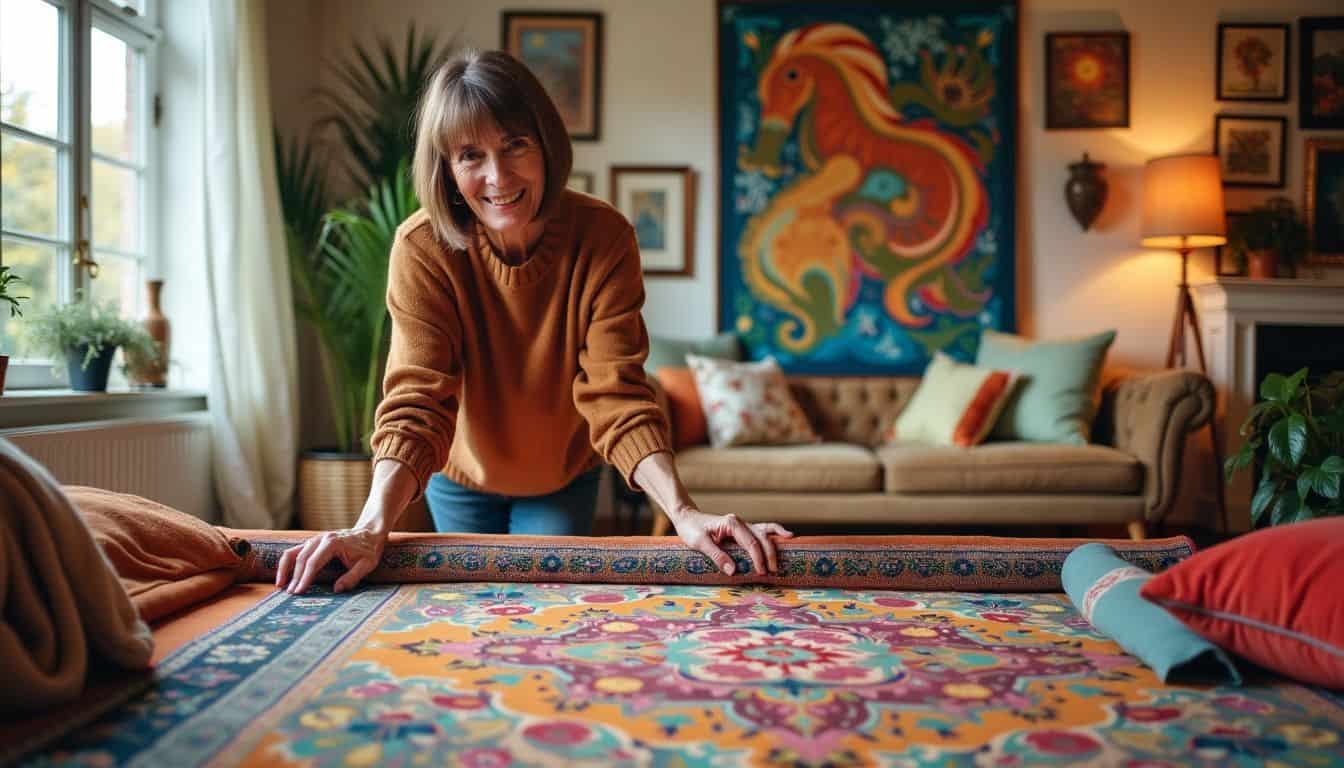 A woman is arranging colorful decor in her cozy living room.