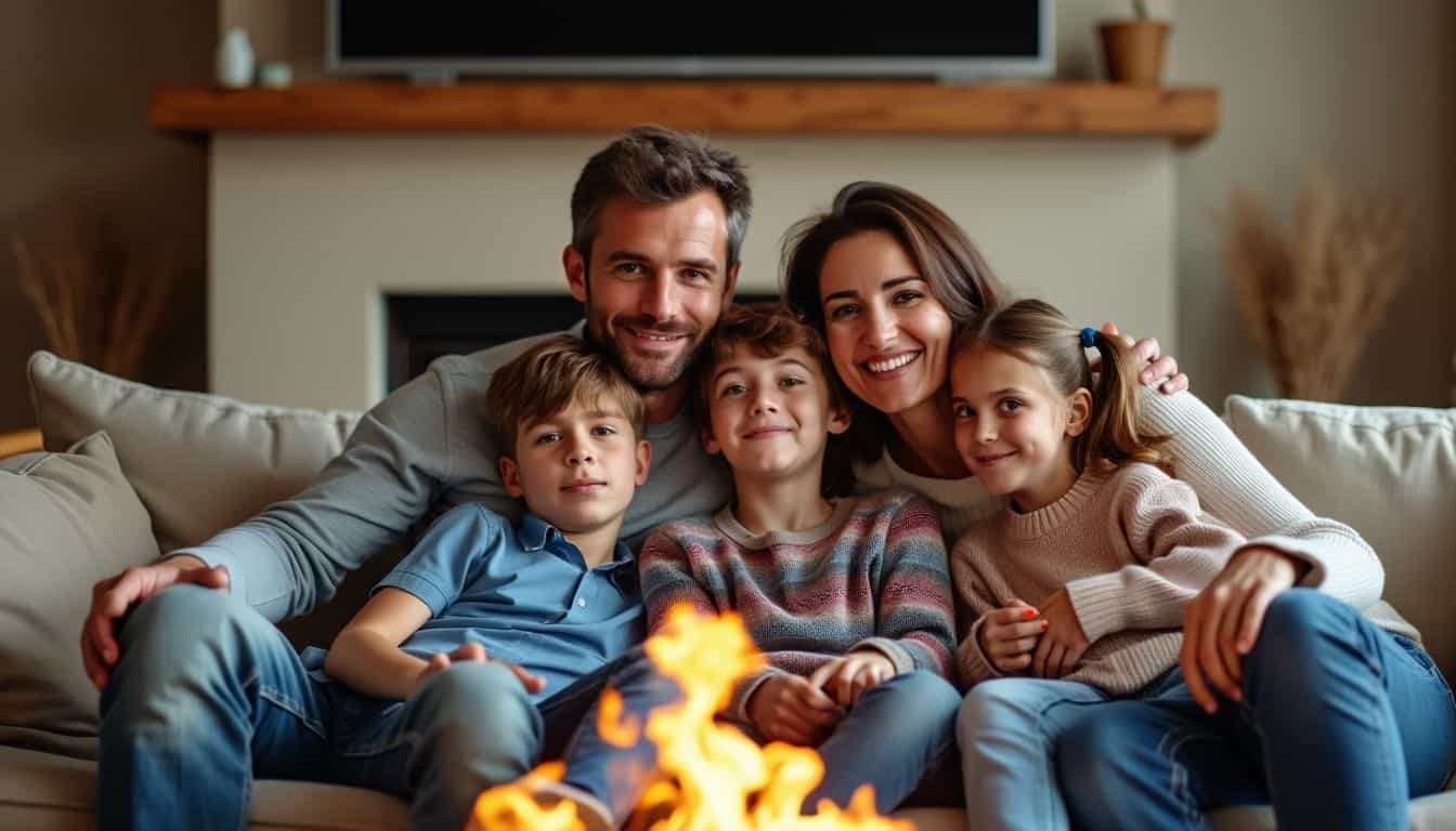 A Caucasian family of four sitting together on a cozy sofa.