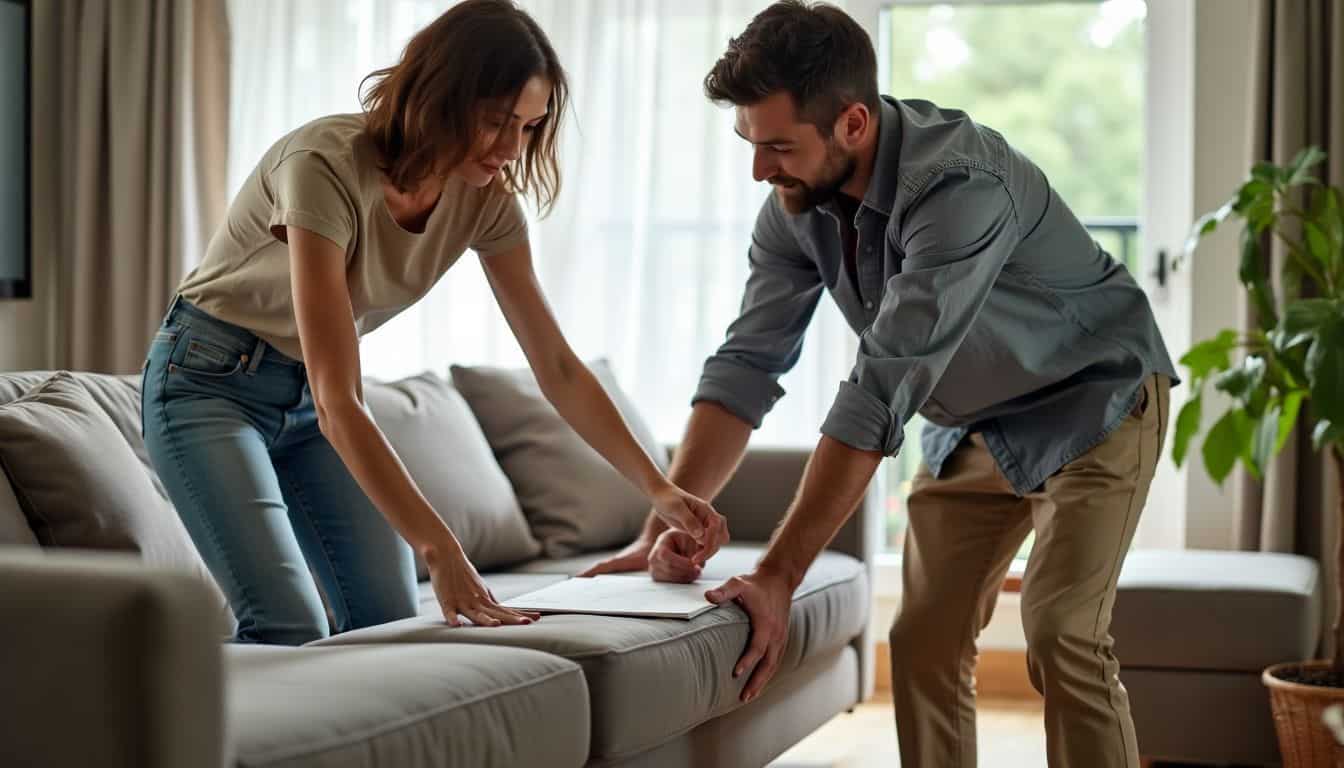 A couple in their 30s rearranging furniture in their living room.