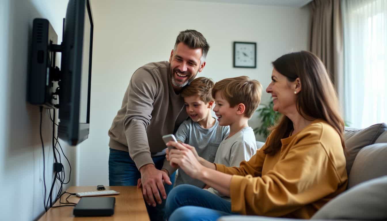 A family of four arranging their living room around a television.