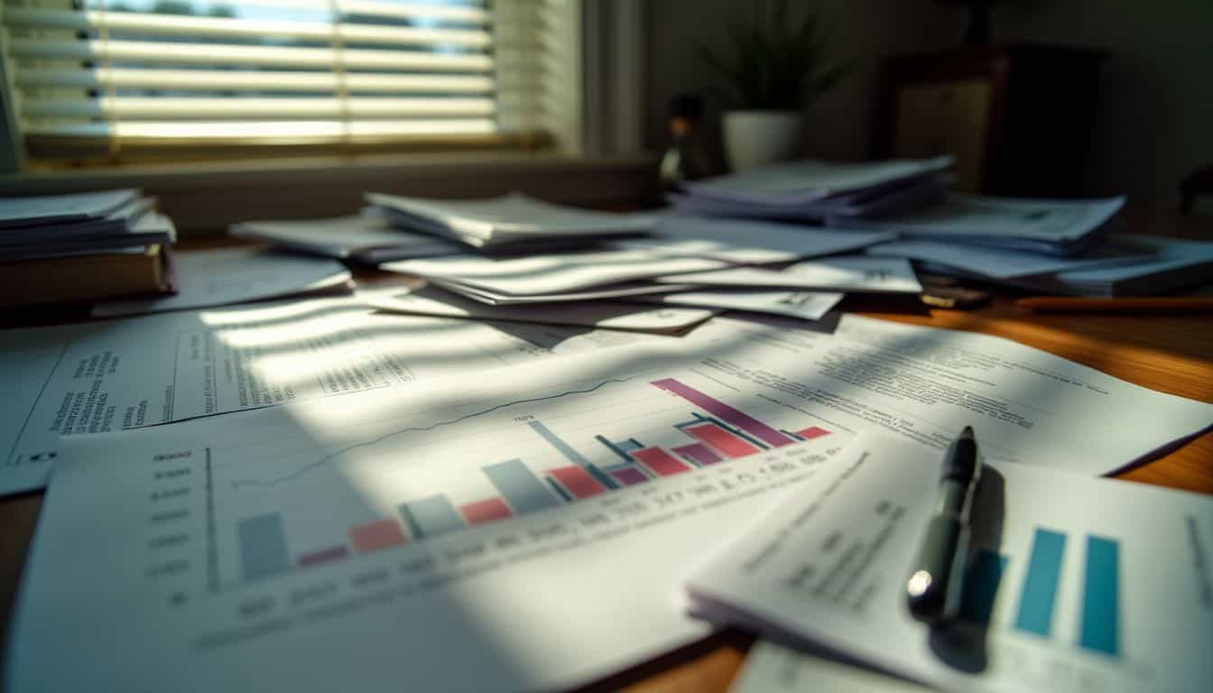 A cluttered desk with important financial and legal documents.