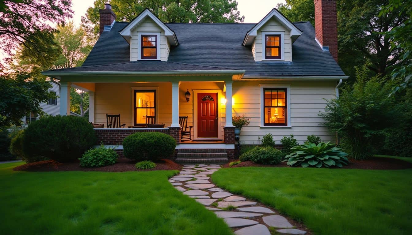 A well-maintained suburban home with a green lawn and rocking chair.