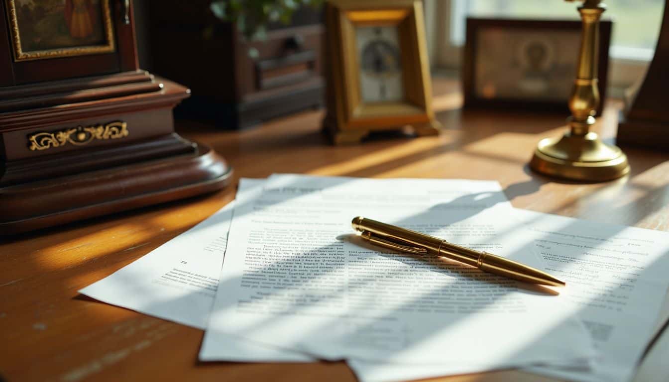 Legal documents and gold pen on a wooden table with family heirlooms.