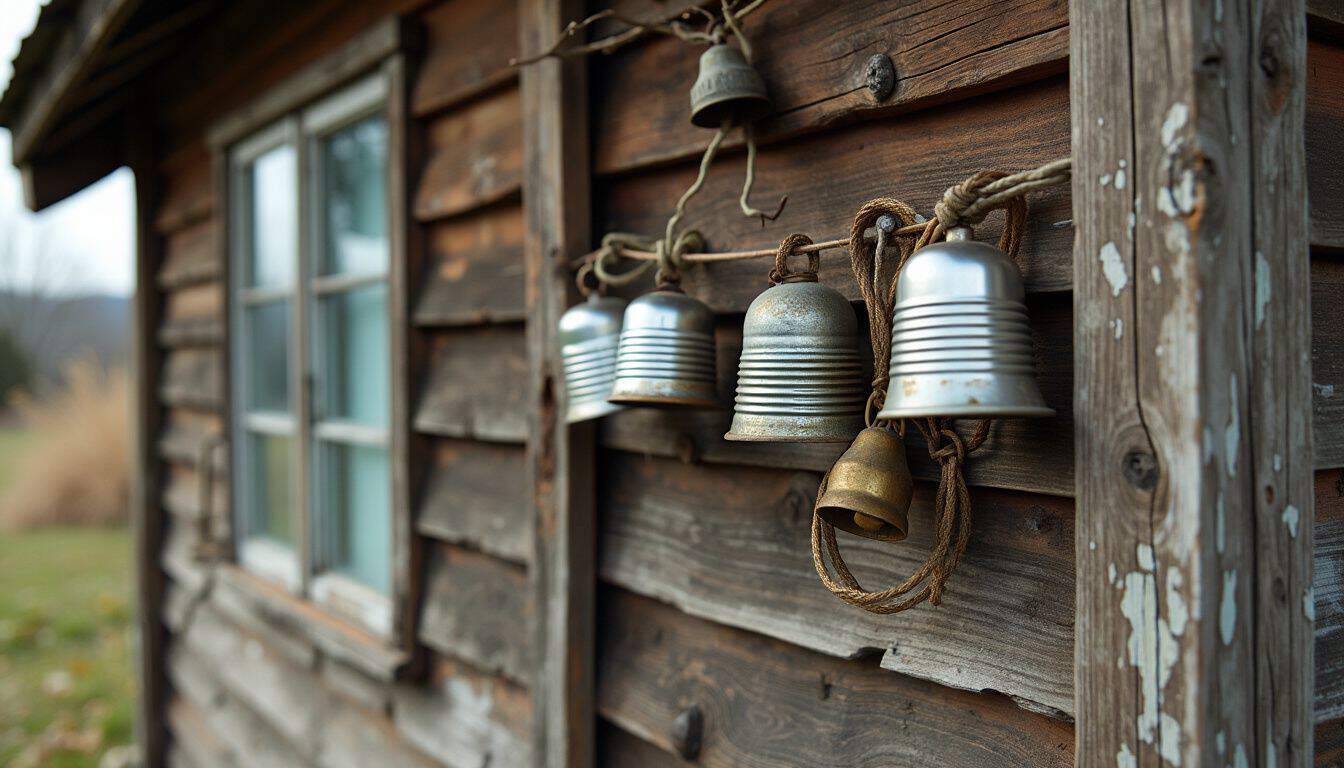 A homemade security system set up outside a rustic shed.