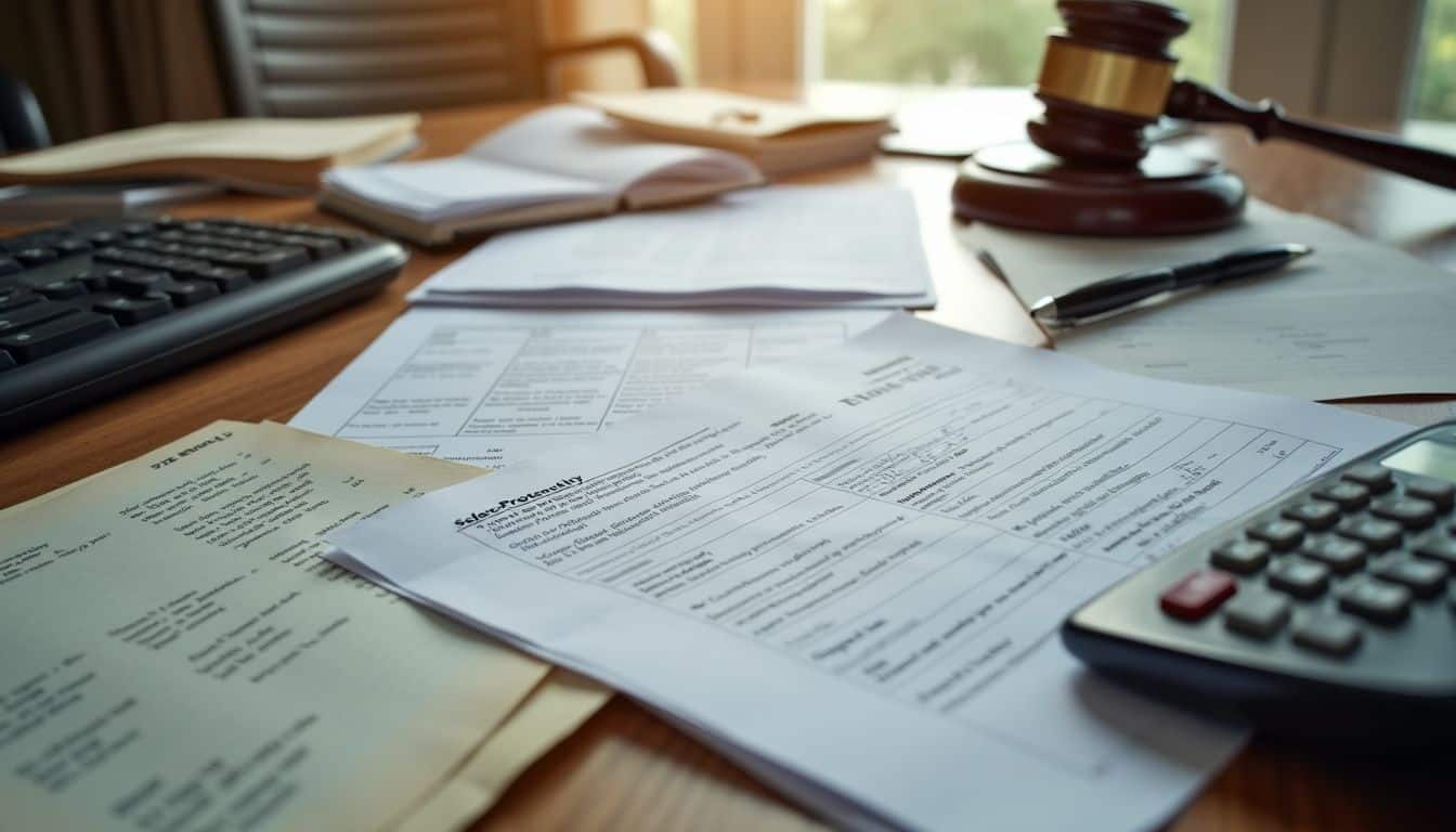 A cluttered desk with legal and financial documents for asset protection.