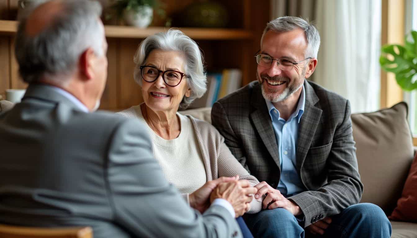 Elderly couple discussing Medicaid-compliant annuities with financial advisor in cozy living room.