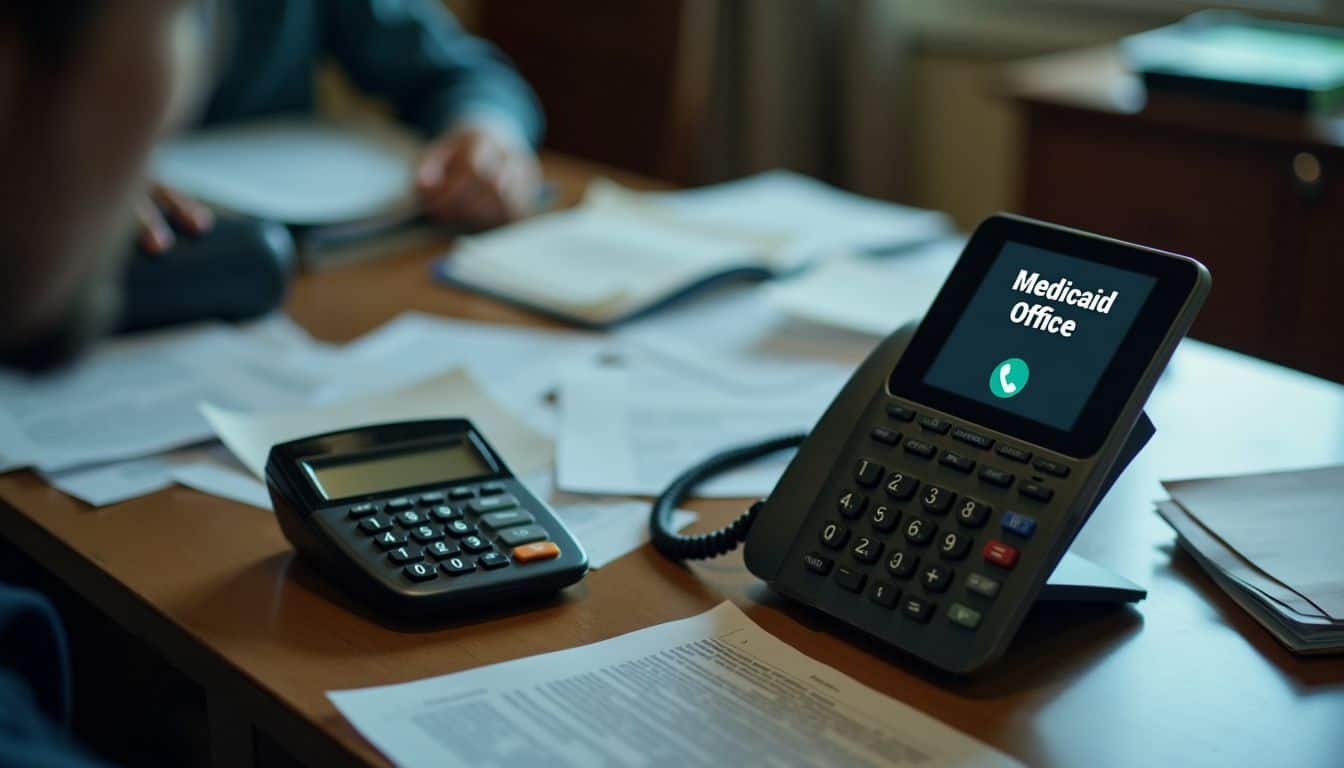 A cluttered desk with scattered papers, calculator, and Medicaid Office call.