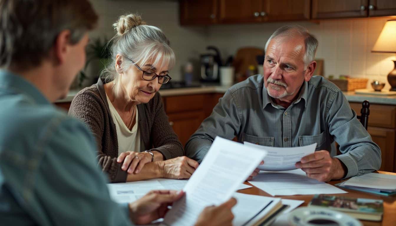 Elderly couple consults with elder law attorney about financial documents.