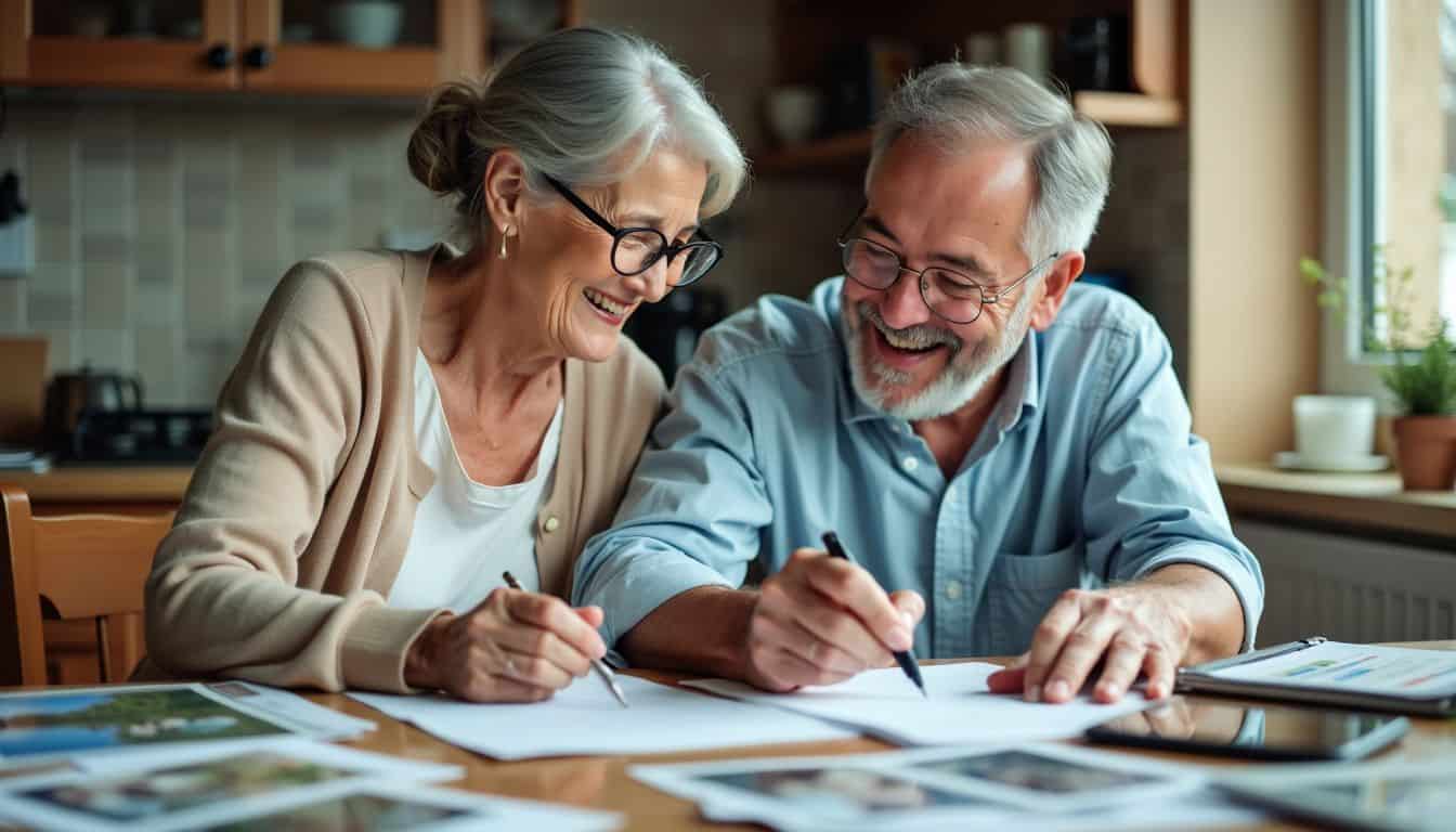 An elderly couple happily organizes financial documents at their cluttered kitchen table.