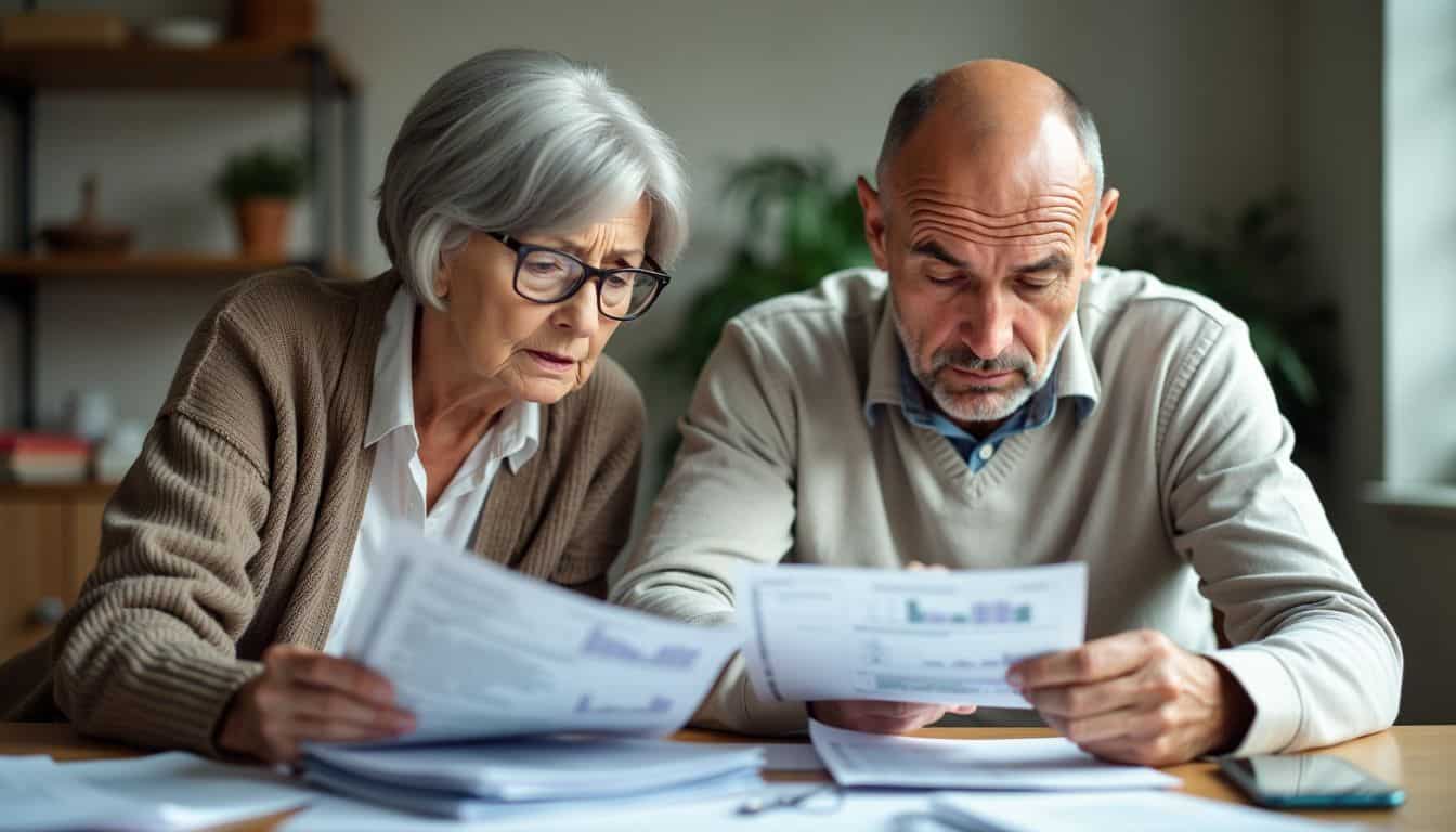 An elderly couple is stressed while sorting through financial documents.