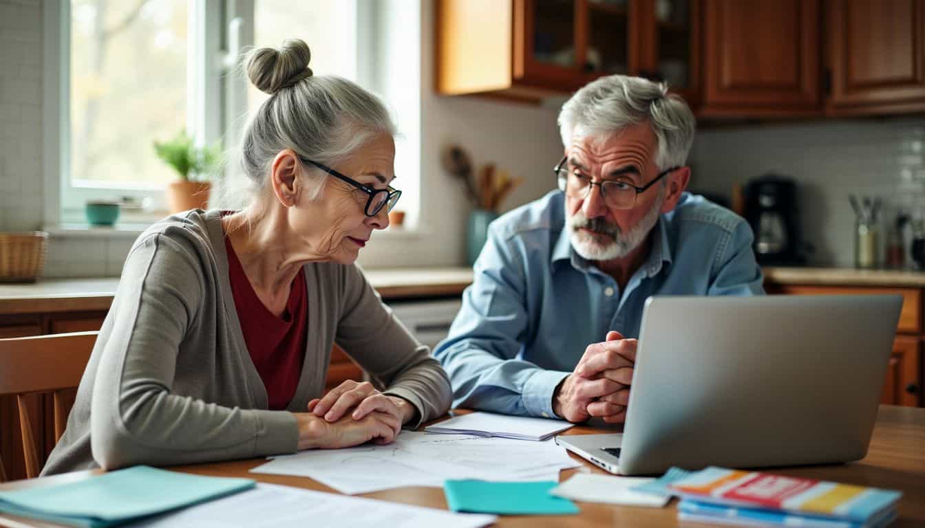 Elderly couple discussing long-term care insurance at kitchen table.