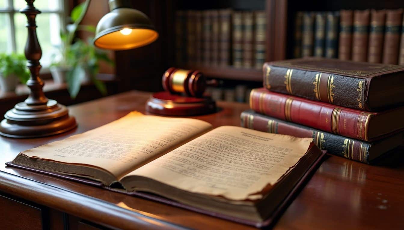 Vintage trust document placed on mahogany desk surrounded by antique books.