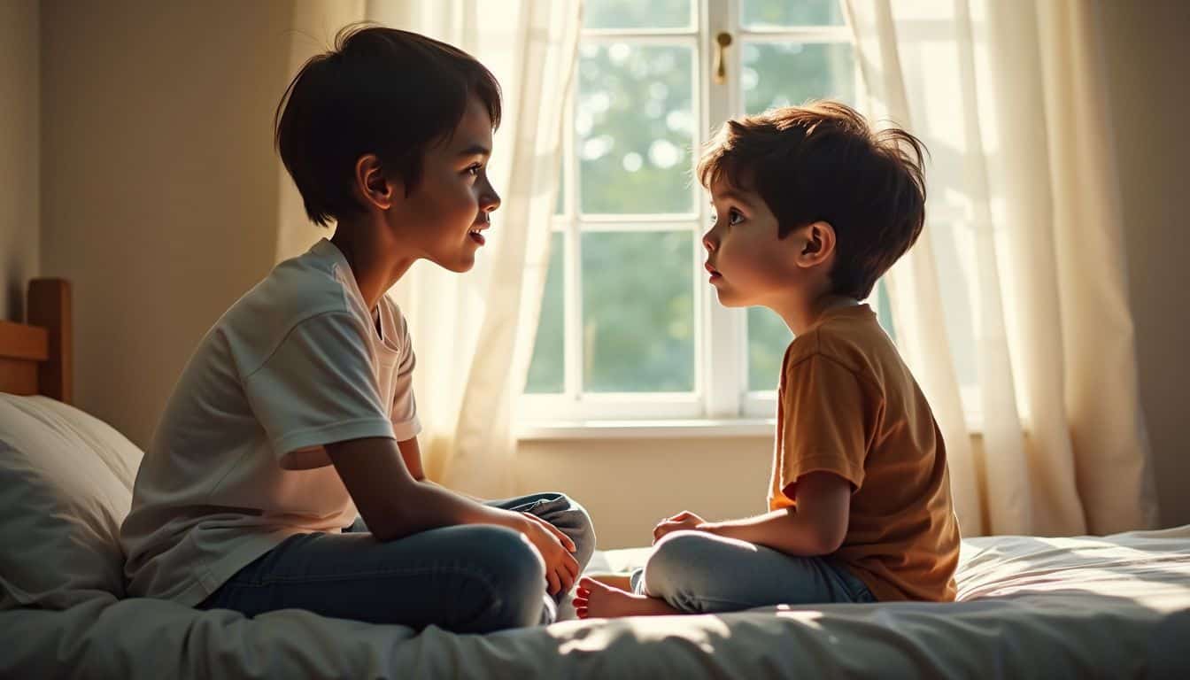 A parent listens attentively to their child in a welcoming bedroom.