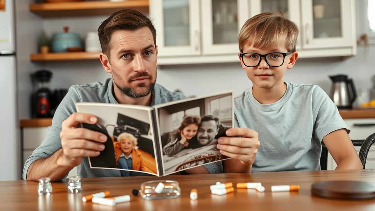 A father and son discussing the health risks of smoking.