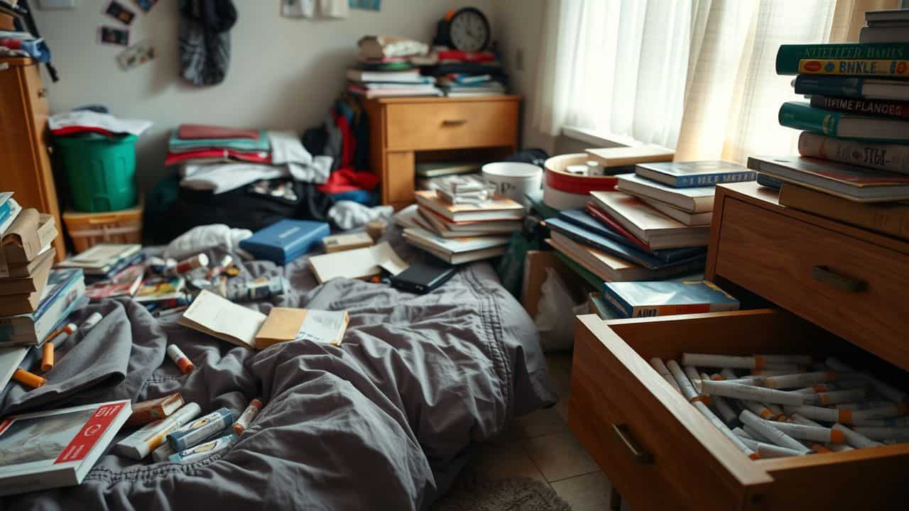 A messy teenager's bedroom with hidden tobacco products scattered around.