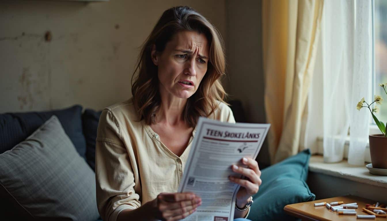 A concerned mother reads a teen smoking prevention pamphlet in living room.