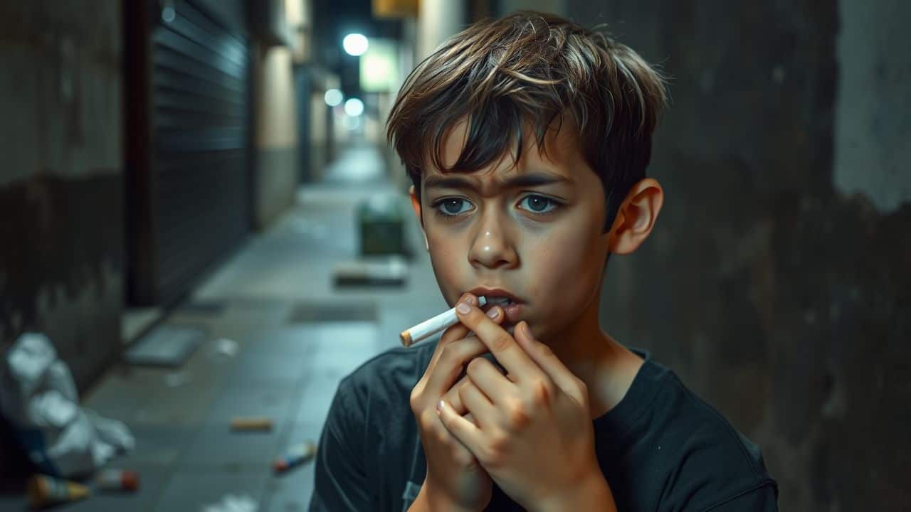 A 15-year-old boy struggles to catch his breath while smoking.