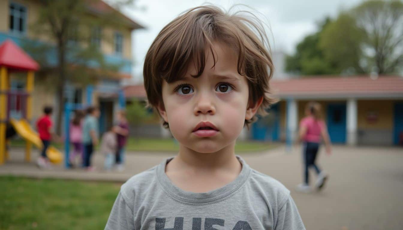 A young child looks concerned as they observe older kids smoking.