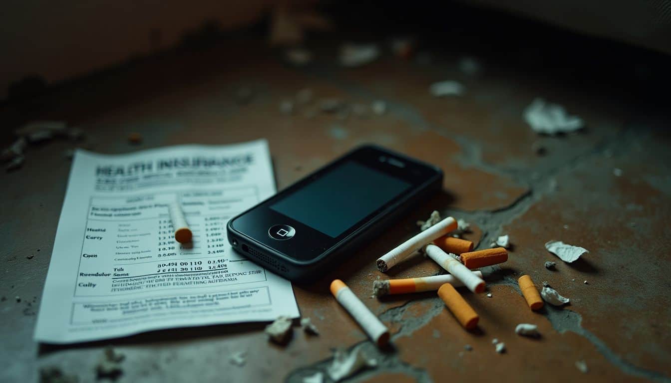 An abandoned phone, cigarette butts, and a health insurance bill on the ground.