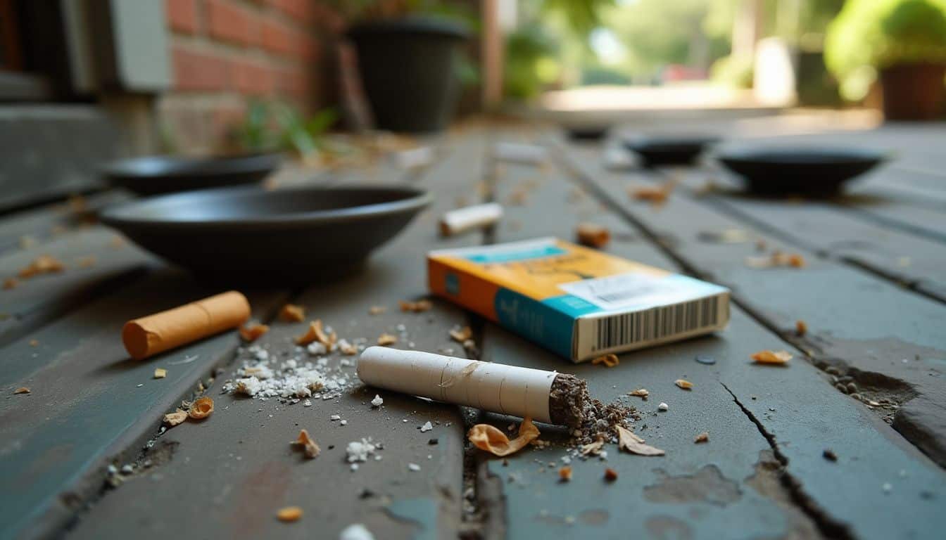 Discarded cigarette butt on porch with scattered ashtrays and unopened pack.