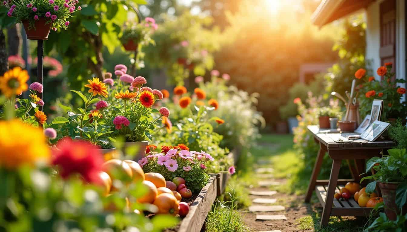 A flourishing backyard garden with blooming flowers, fruits, and vegetables.