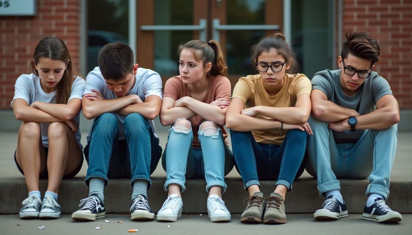 Stressed high school students gather outside, showing signs of anxiety.