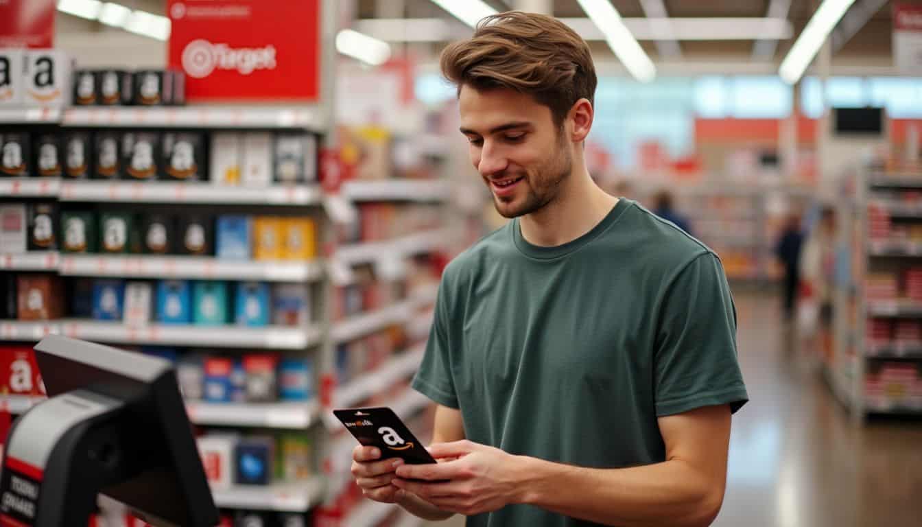 A man in his late 20s purchasing Amazon gift cards at Target.