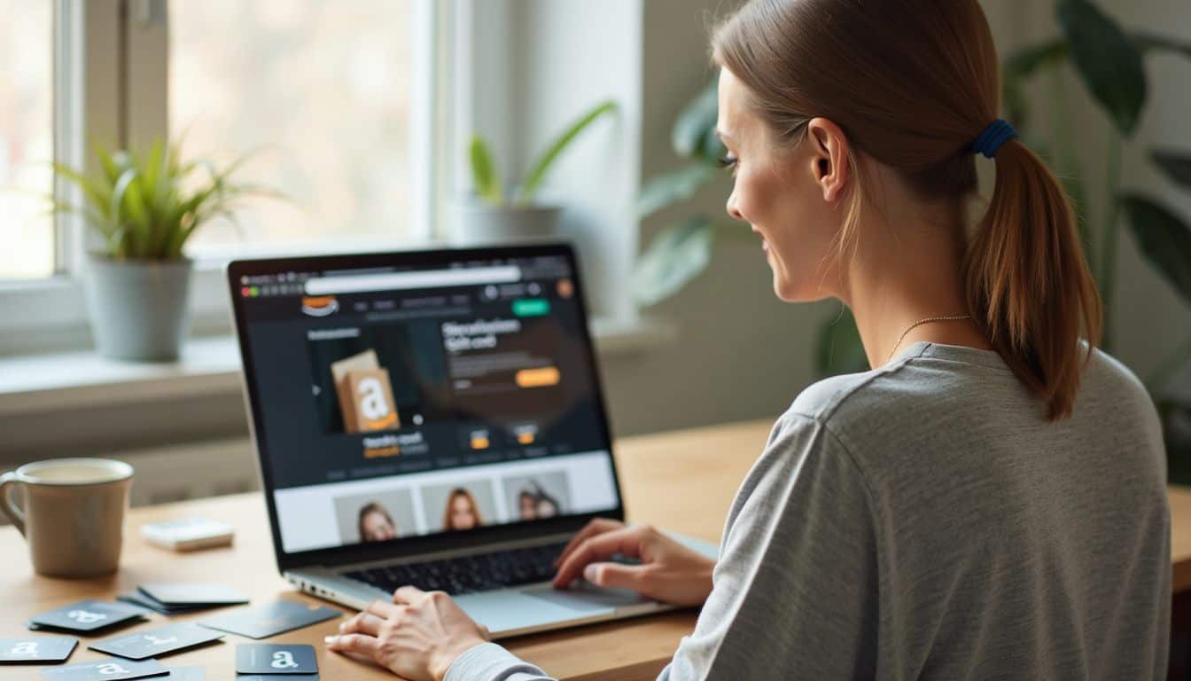 A woman in her 30s sits at a home office desk shopping online.