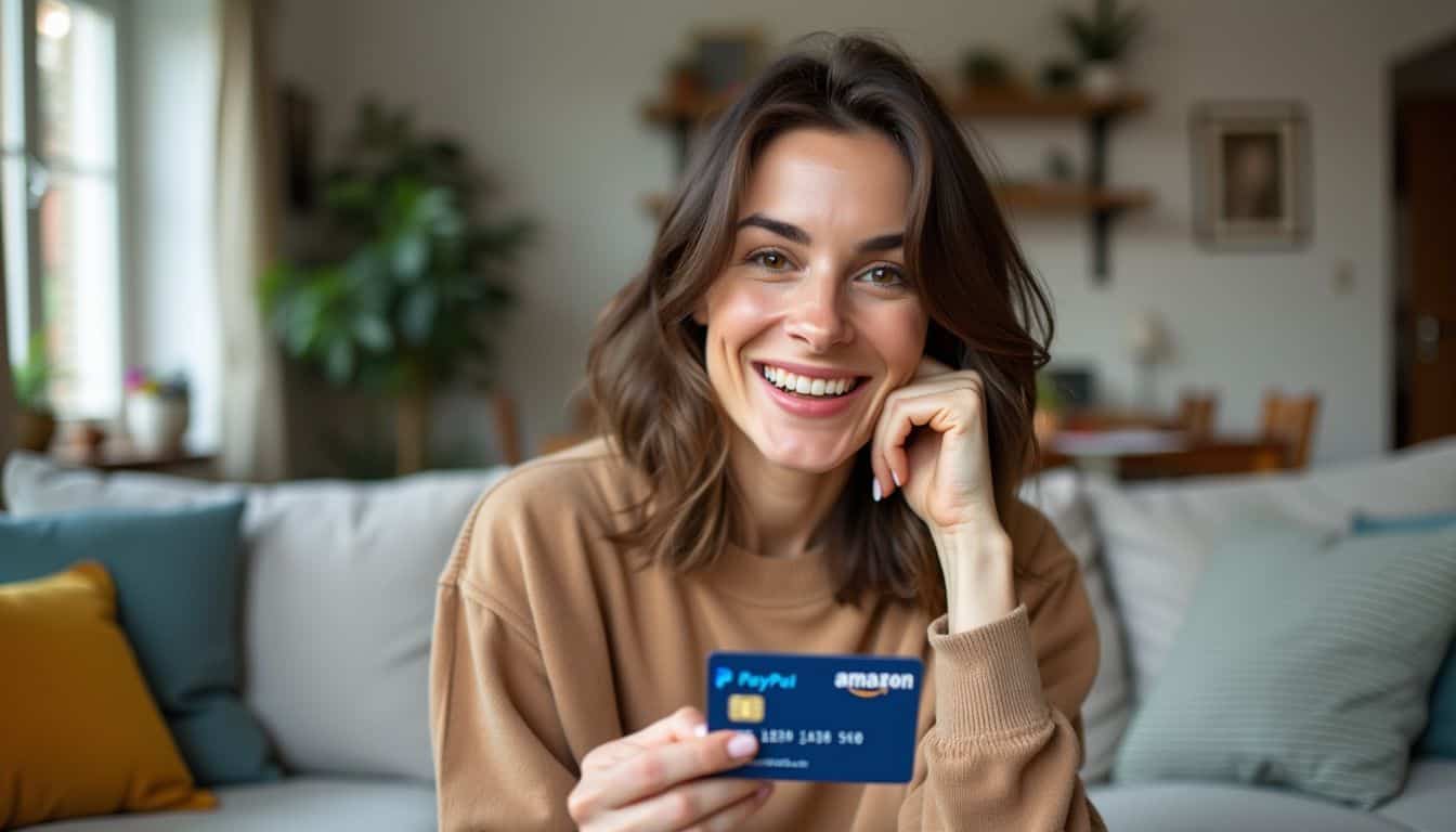 A stylish woman confidently uses her PayPal Cash Card for online shopping.