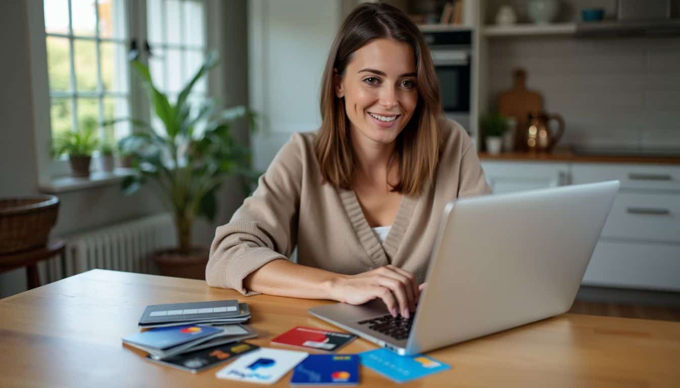 A woman in her 30s uses a laptop to explore payment options for Amazon.