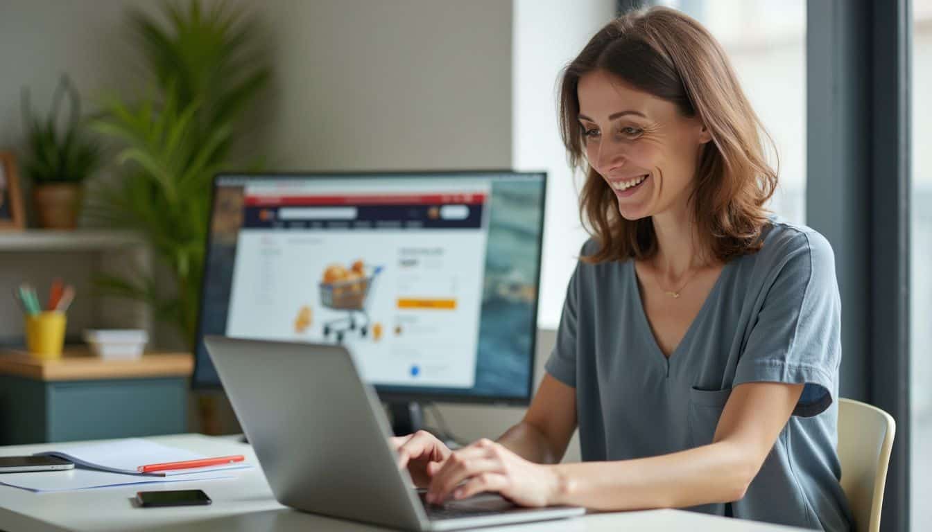 A woman in her 30s is seen logging into her PayPal account on her laptop while shopping online.