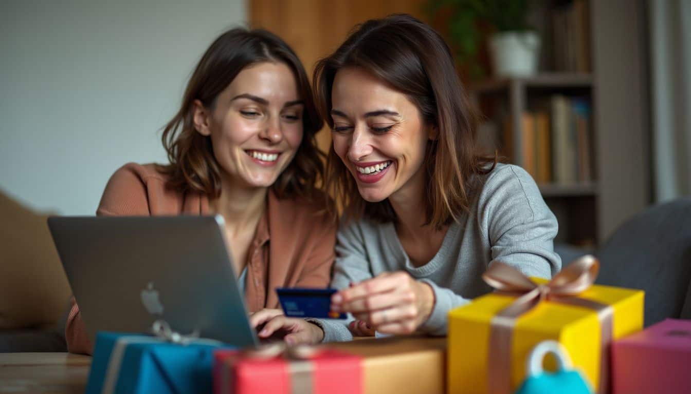 A woman happily shops online with PayPal credit card and laptop.