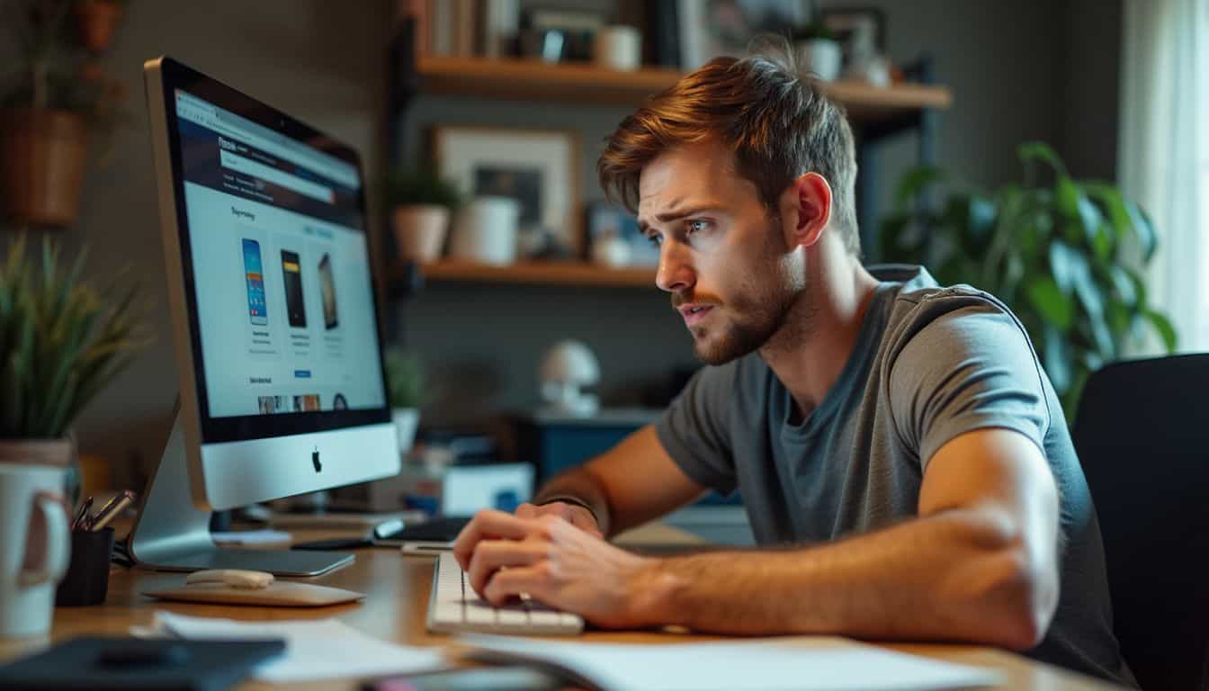 A frustrated man struggles with PayPal while shopping online.