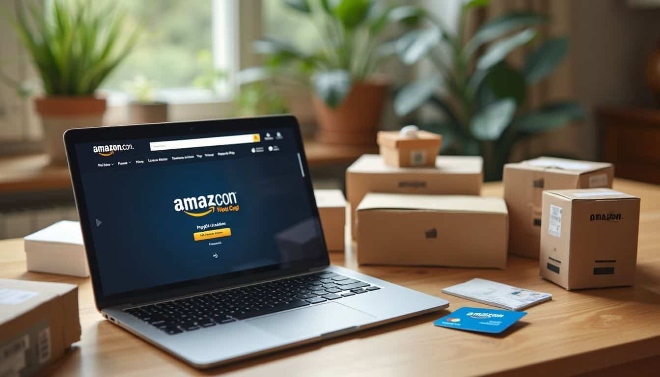 A laptop displays Amazon's homepage with a PayPal debit card and packages.