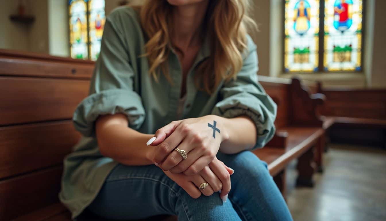 A young woman with a casual style and a small Catholic cross tattoo sits on a vintage church pew.