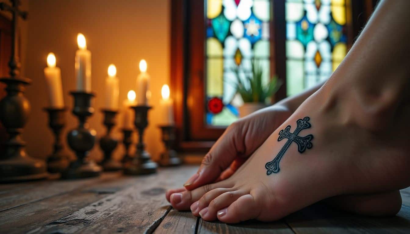 A small Catholic cross tattoo is featured in a cozy, reflective setting with religious symbols.