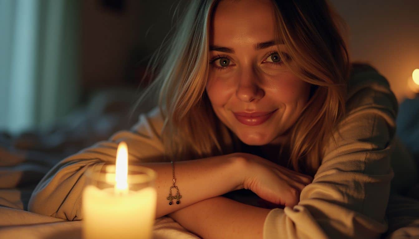 A young woman with a small rosary bead tattoo in a cozy bedroom setting.