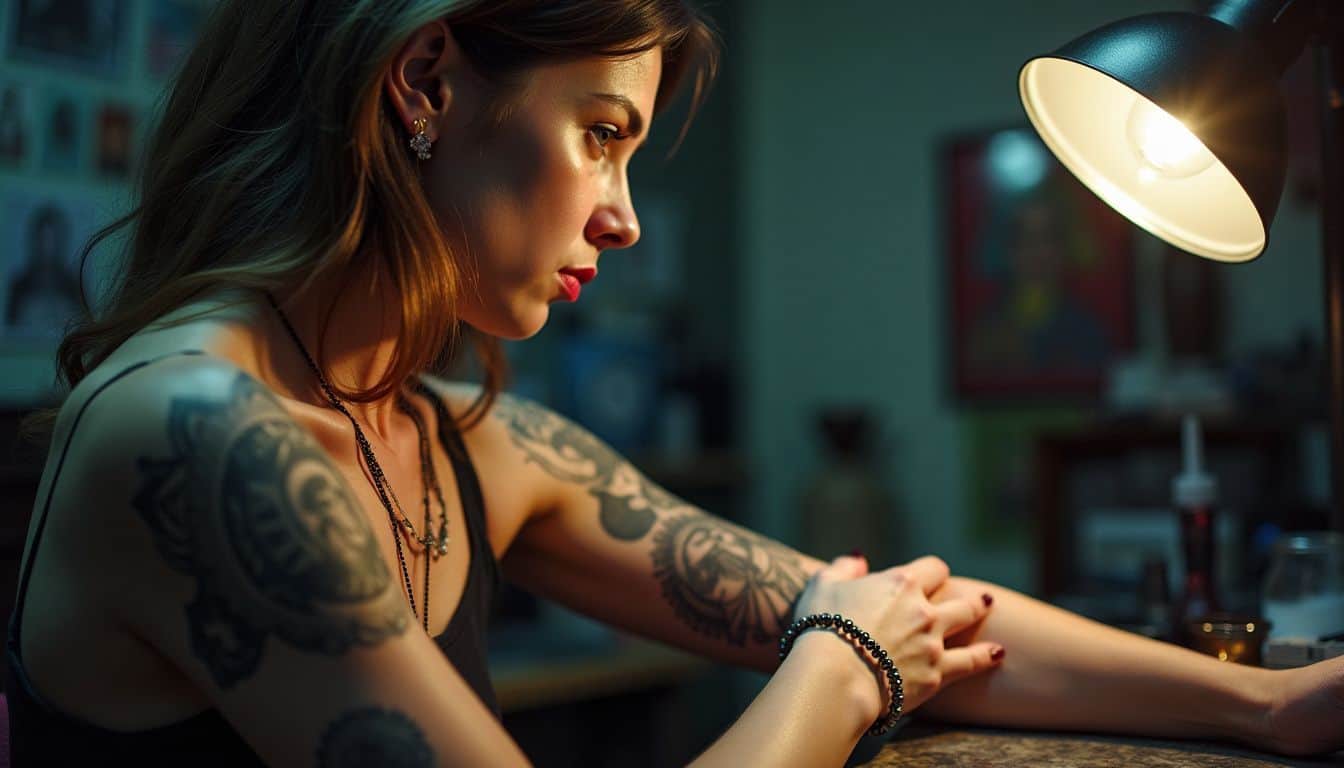 A mid-30s woman getting a Saint Michael the Archangel tattoo in a casual tattoo parlor.