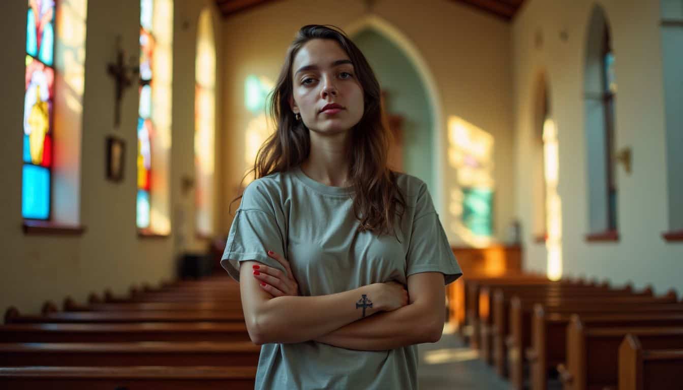 A person standing in a church with a cross tattoo on their wrist.